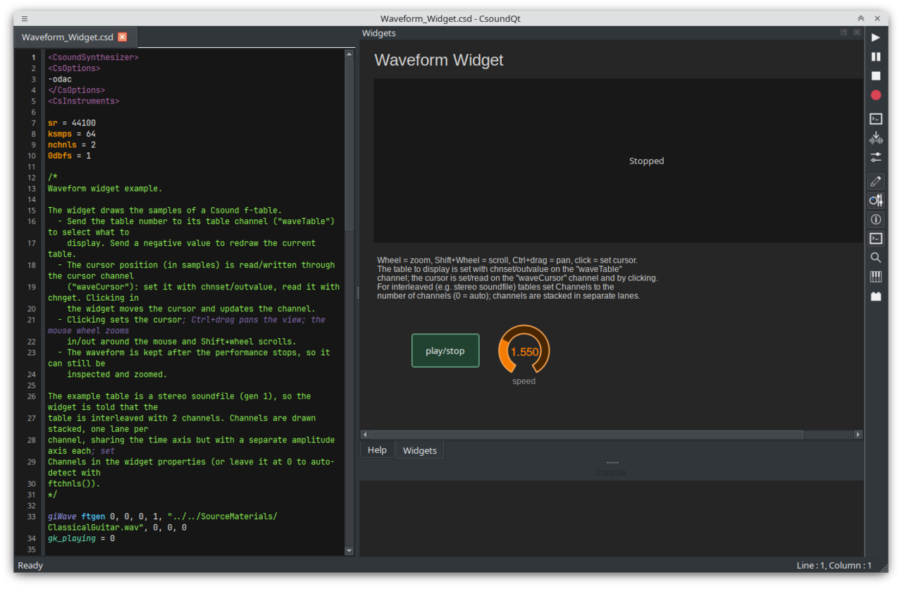 CsoundQt 7.2 main window (Fusion, dark theme) — editor on the left, widget panel on the right