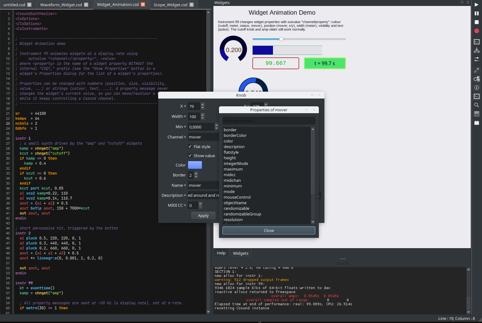 A widget's Properties dialog with the Show Properties list, showing the property names that can be set from Csound