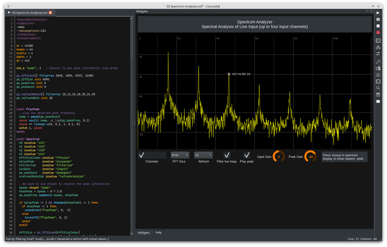 CsoundQt 7 in action — live spectrum analysis with the widget panel